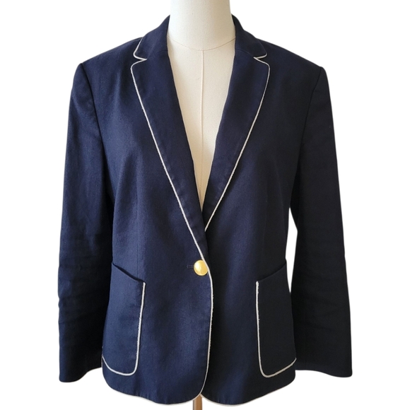 Ann Taylor Blue with White Piping One Button Blazer Jacket Size 12 - Picture 2 of 6
